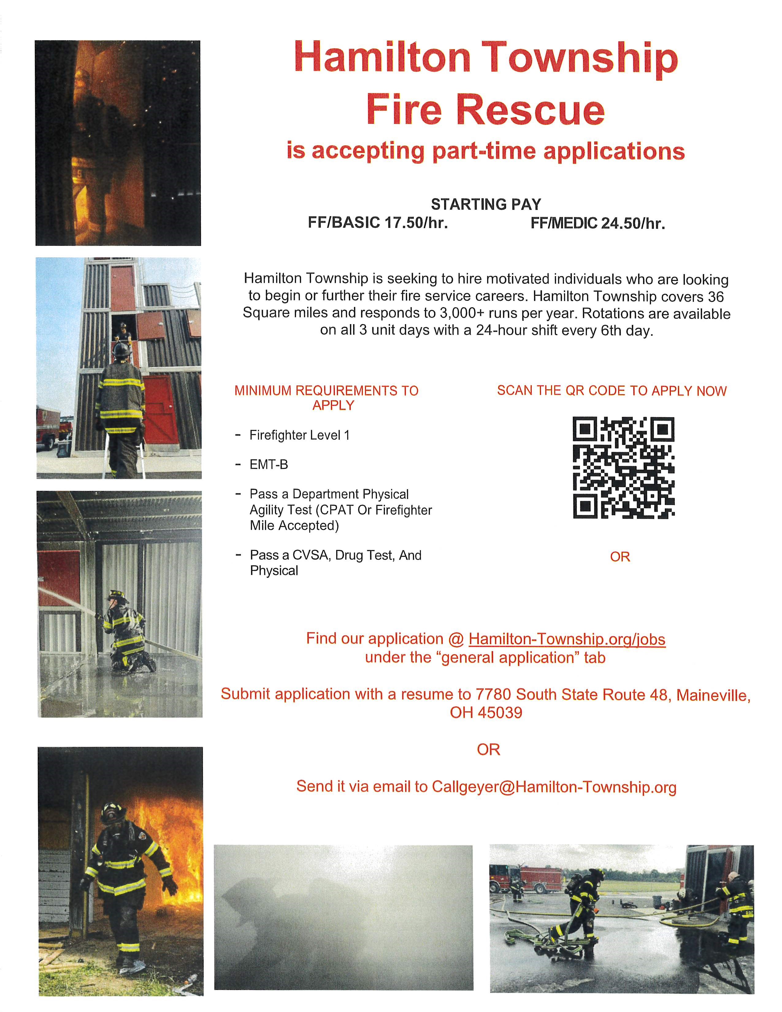 Download a PDF Version of the Hamilton Township Fire Rescue Part Time Applications Flyer through this hyperlink https://www.hamilton-township.org/media/news/FT hire flyer-2023(1).pdf 